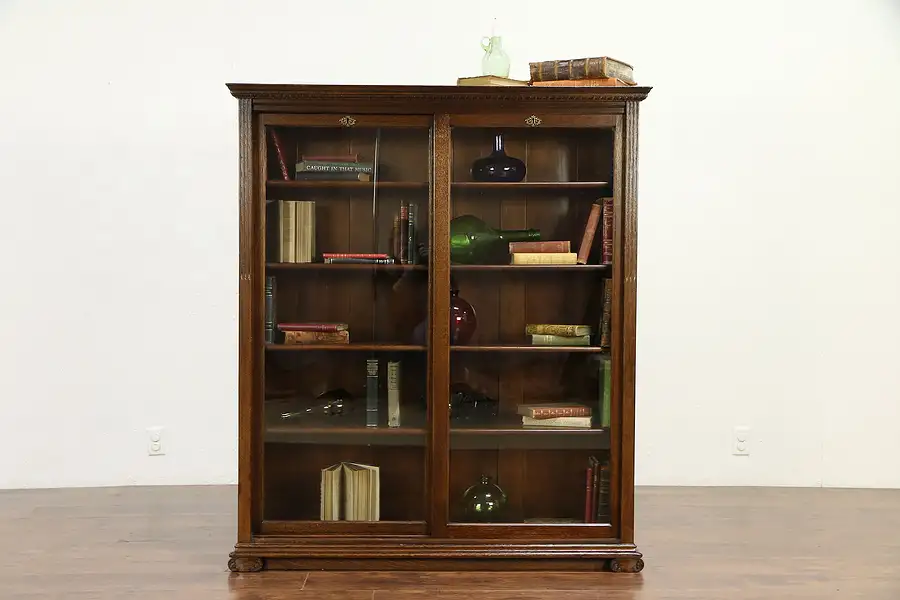 Main image of Oak Quarter Sawn Antique Library Bookcase, Sliding Glass Doors