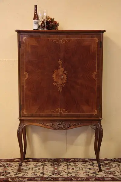 Main image of Carved Marquetry Lighted Bar Cabinet