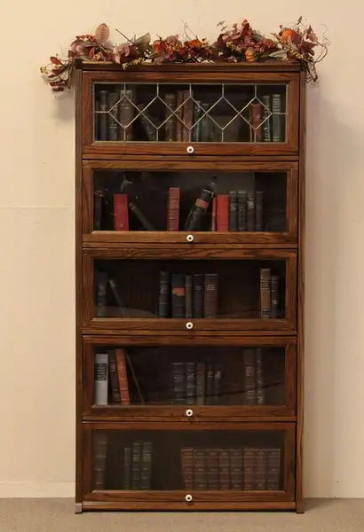 Main image of Oak 5 Section Bookcase, Leaded Window