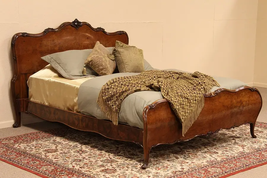 Main image of Bombe Burl Carved Antique Queen Size Bed