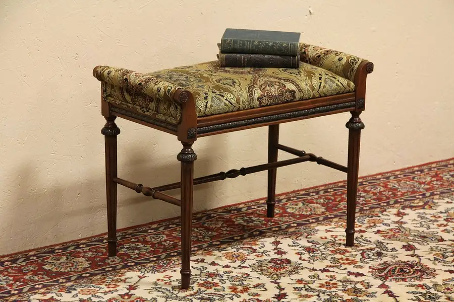 Main image of Scroll Arm 1920 Antique Upholstered Bench