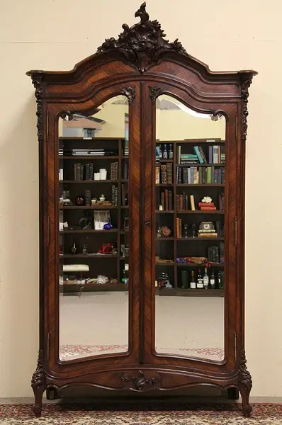 Main image of French Carved Rosewood Armoire, Beveled Mirror Doors