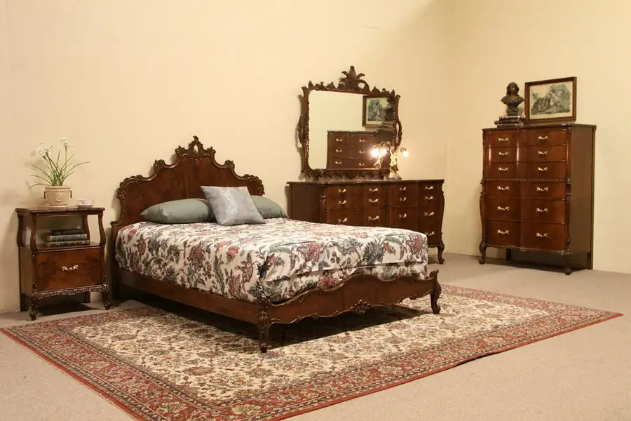 Main image of Bedroom Set, 1935 Carved Acacia 4 Pc. Full Size Bed