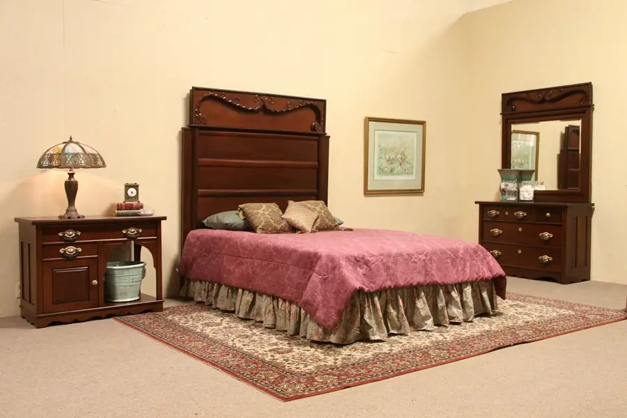 Main image of Victorian 1885 Antique 3 Pc. Queen Size Carved Mahogany Bedroom Set