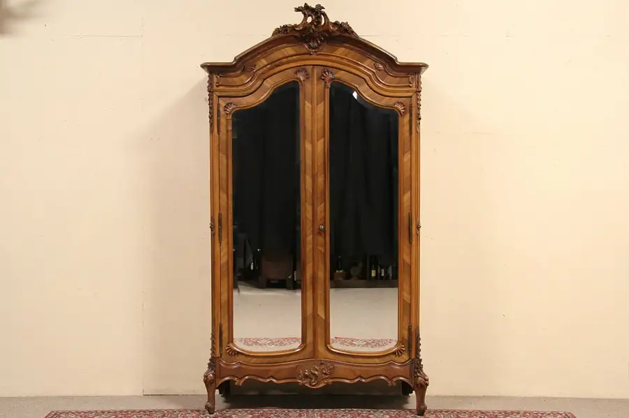 Main image of Carved French 1900 Antique Armoire, Beveled Mirror Doors