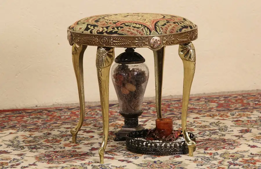 Main image of Italian Upholstered Brass Vintage Stool