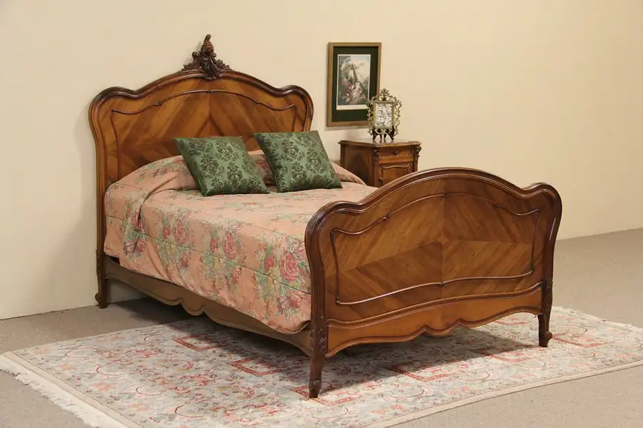 Main image of Carved French Walnut Full Size Antique 1900 Bed