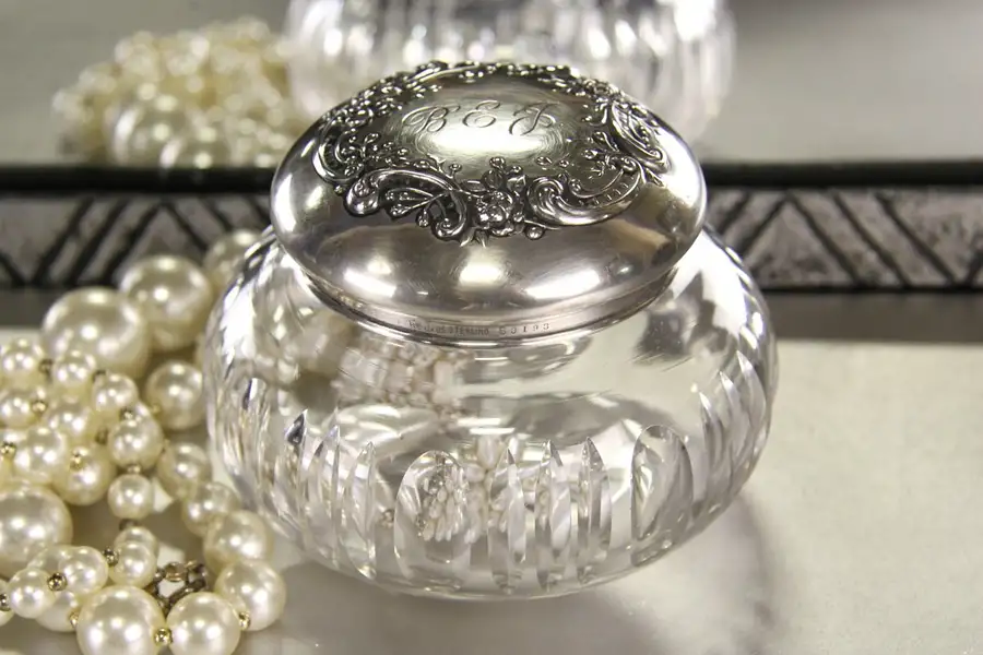 Main image of Sterling Silver Lid, Cut Crystal Antique 1900 Boudoir Jar