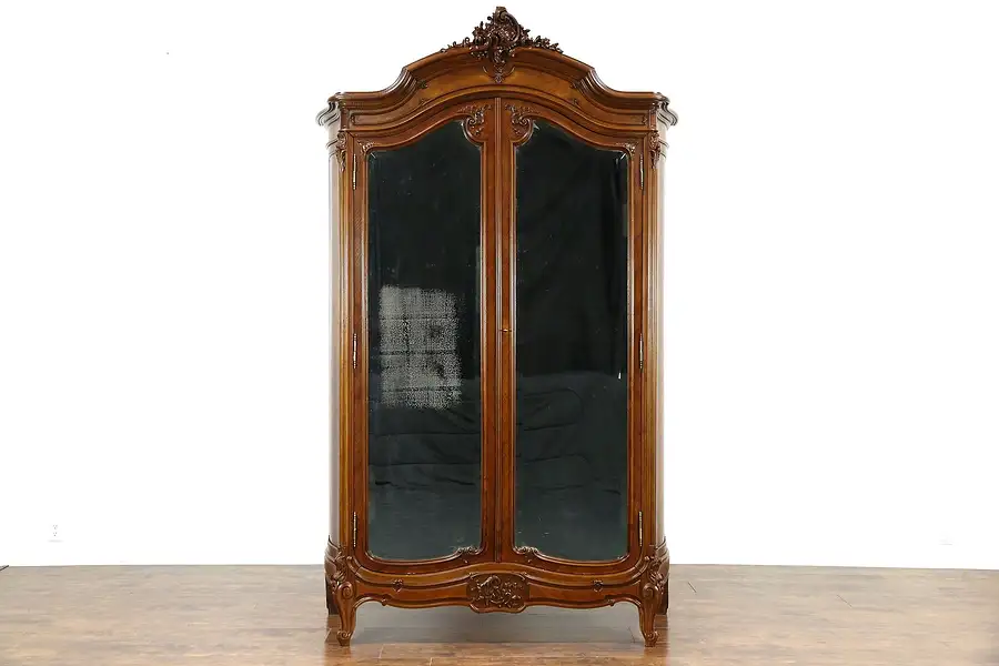 Main image of French 1900 Antique Carved Walnut Armoire Wardrobe Beveled Mirrors, Curved Sides