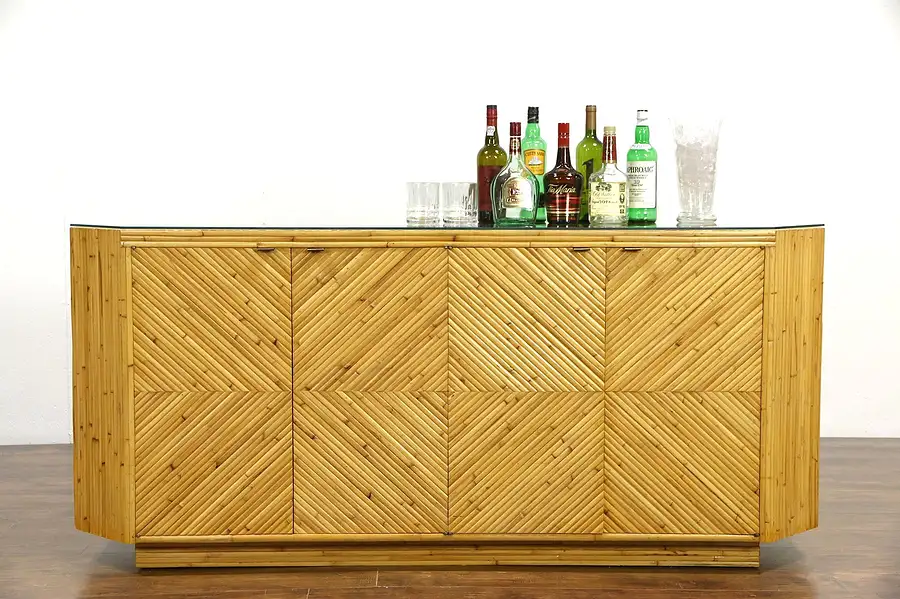 Main image of Bamboo Midcentury Modern 1960 Vintage Bar or Console Cabinet, Glass Top