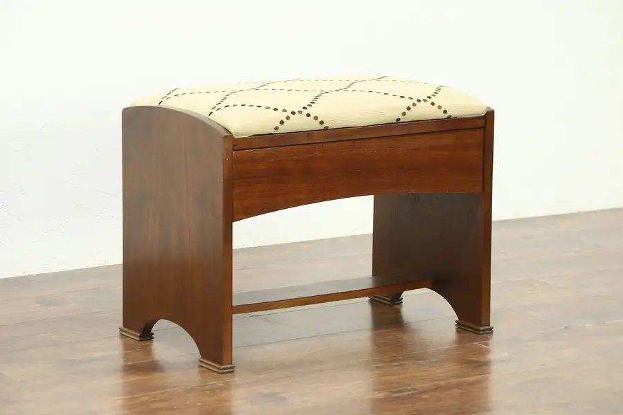 Main image of Art Deco 1930's Vintage Walnut Bench, New Upholstery