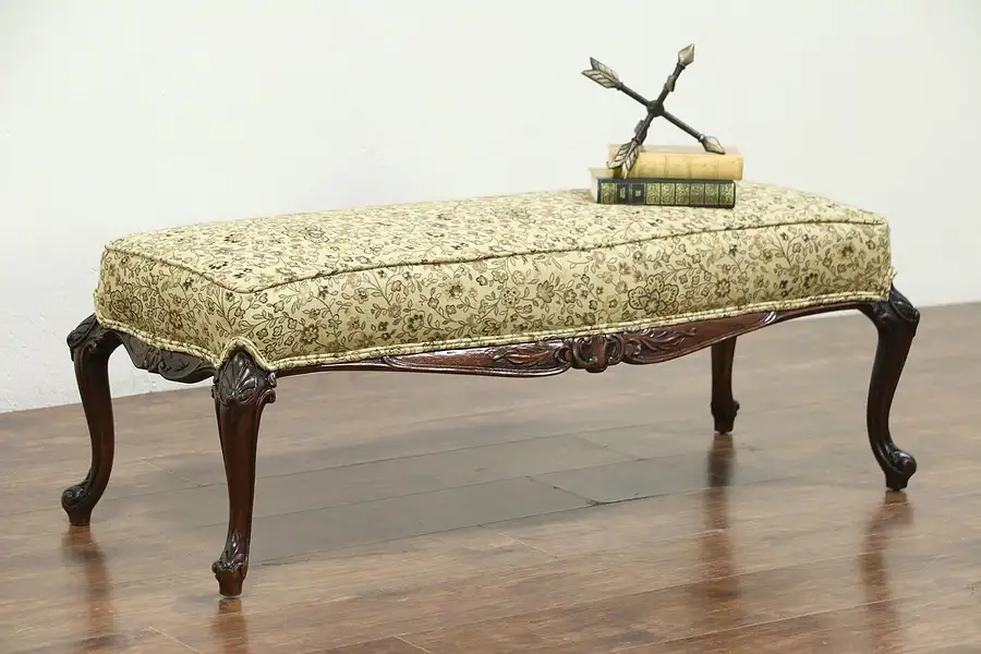 Main image of Mahogany Hand Carved Bench or Window Seat, New Upholstery, France