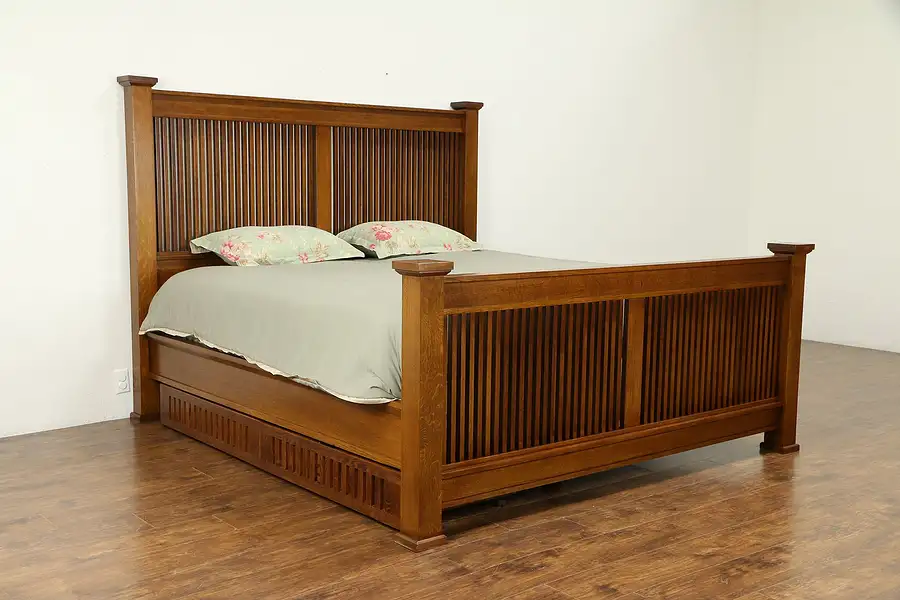 Main image of Arts & Crafts Vintage King Size Bed, Storage Drawers, Signed Stickley