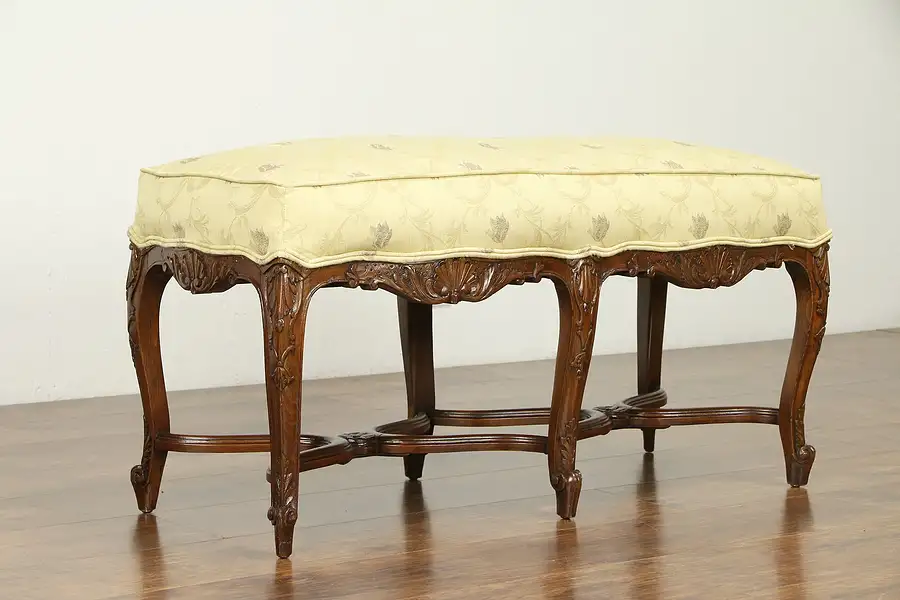Main image of French Antique 1920 Hand Carved Fruitwood Bench, New Upholstery