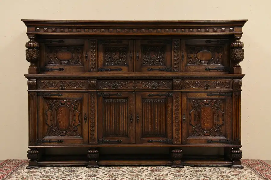Main image of Carved Oak 1900 Court Cupboard - Antique Cabinet