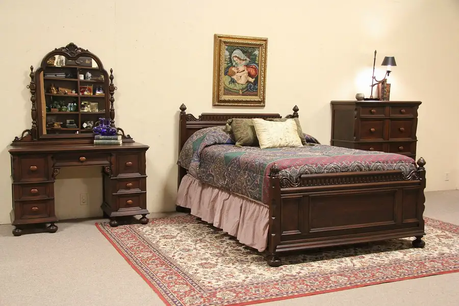 Main image of English Tudor antique 1925 3 Pc. Full Size Bedroom Set