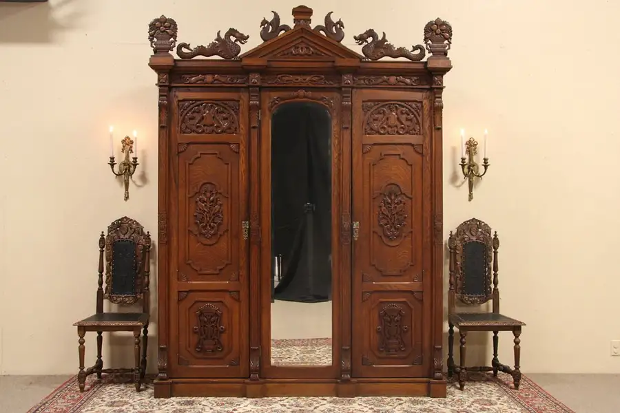 Main image of Oak 1880 Antique Armoire or 3 Door Closet, Carved Dragons & Birds