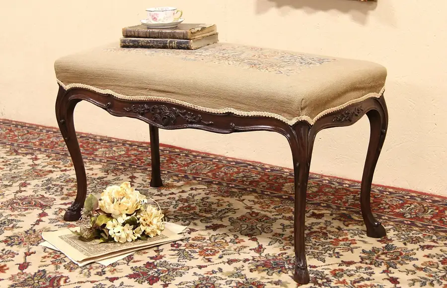 Main image of French Carved 1910 Antique Bench, Needlepoint Castle Upholstery