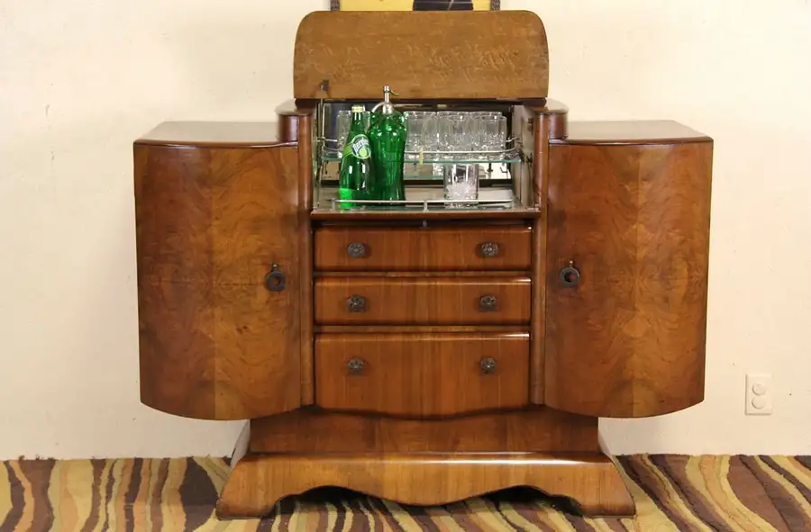 Main image of Art Deco English 1930's Bar Cabinet, Flip Top Serving Area