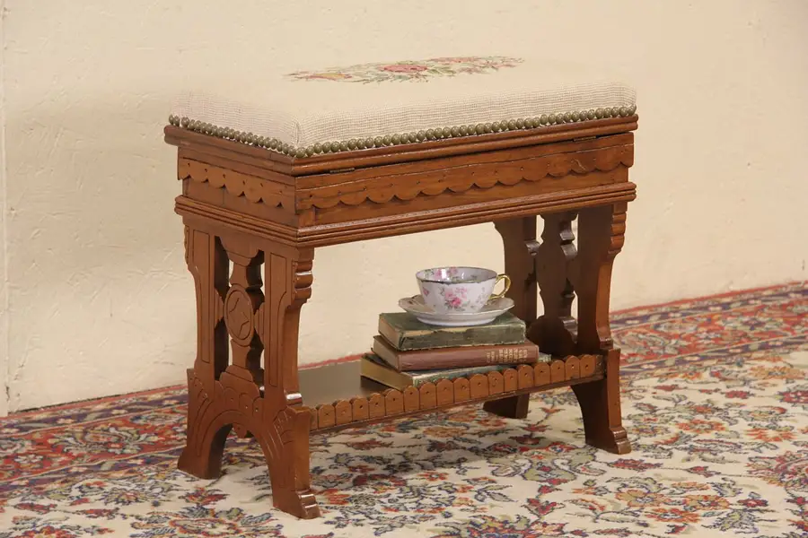Main image of Victorian Eastlake Antique 1880 Slipper Bench, Needlepoint & Compartment