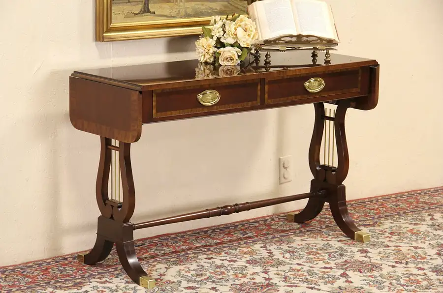 Main image of Baker Banded Mahogany Dropleaf Hall or Sofa Table, Lyre Ends