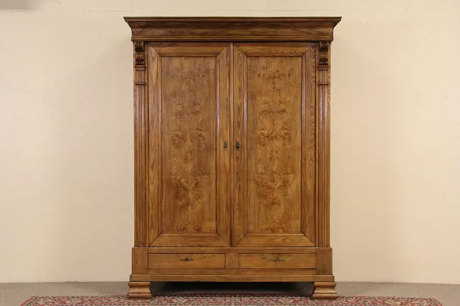 Main image of Oak, Hickory & Burl 1880 Antique Austrian Armoire or Closet, Disassembles