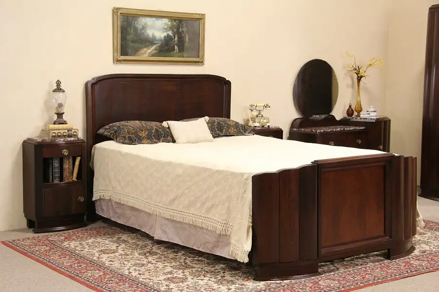 Main image of Art Deco 1930 Vintage Bedroom Set, Queen Bed, Marble Top Dresser & Nightstands