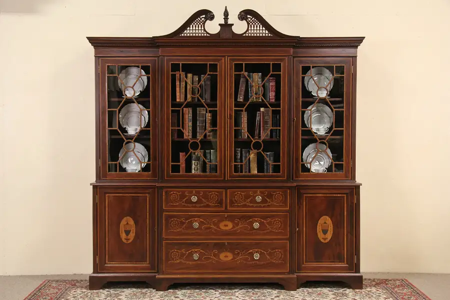Main image of English Georgian Design 1890's Antique Breakfront Bookcase China Cabinet,