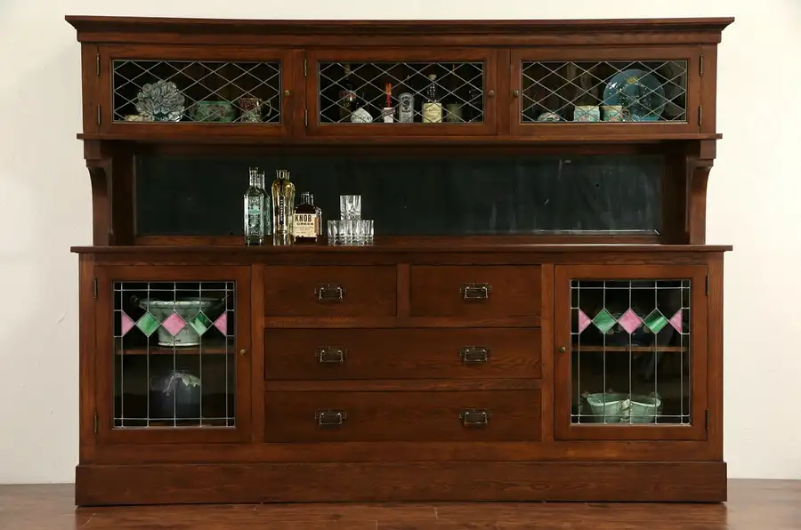 Main image of Arts & Crafts 1900 Mission Oak 8' 7" Back Bar Sideboard Cabinet, Leaded Glass