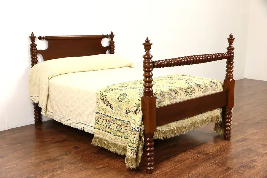 Main image of Country Cherry & Walnut 1860 Antique Full Size Bed, Spool Turned Posts
