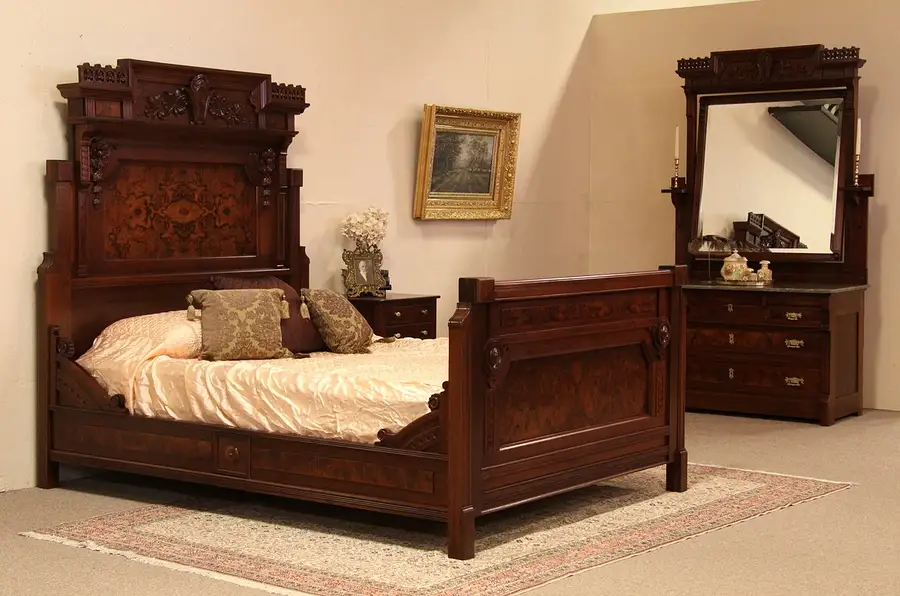 Main image of Victorian Walnut Eastlake Queen Size Bedroom Set