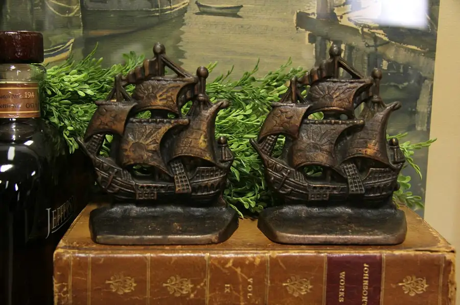Main image of Pair of Antique Iron Bronze Finish Clipper Ship Bookends