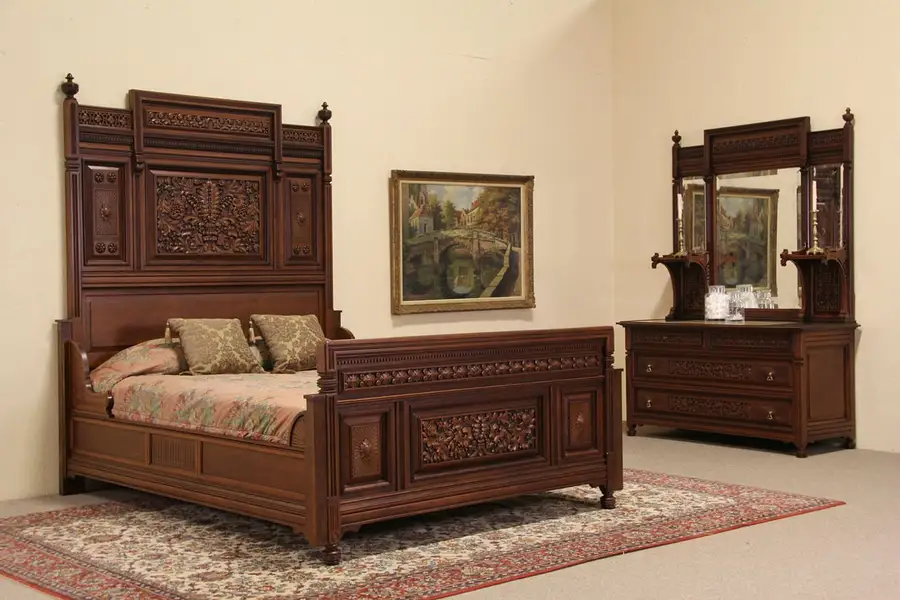 Main image of Carved 1872 Antique Bedroom Set, Queen Bed, Onyx Top Chest or Dresser