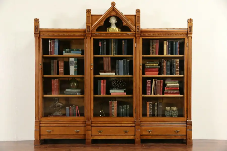 Main image of Gothic Maple 1875 Antique Eastlake or Aesthetic Triple Bookcase