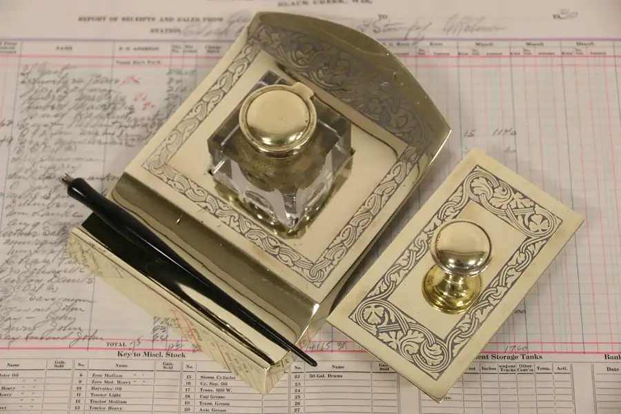 Main image of Austrian Bronze Signed 1900 Antique Inkwell & Blotter Desk Set, Damaged
