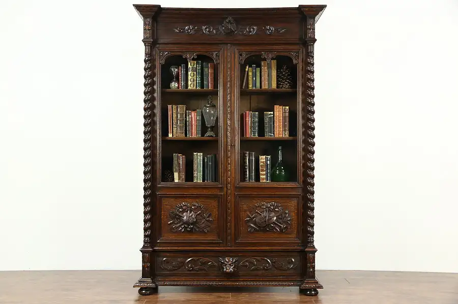 Main image of Black Forest Antique 1890 Oak Library Bookcase, Carved Art & Music Motifs