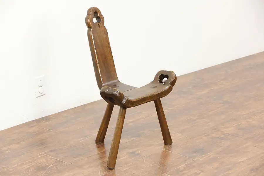 Main image of Hand Hewn Vintage Midwife Birthing Stool or Chair, Carved Irish Shamrock Motifs