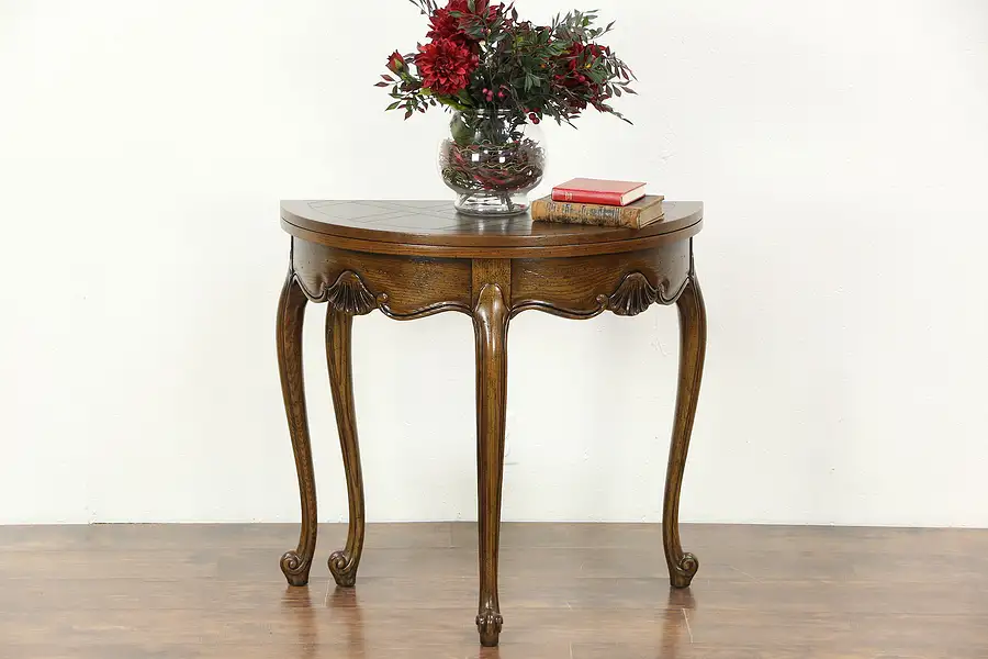 Main image of Oak Half Round Demilune Vintage Console, Opens to Round Game Table, Signed Baker