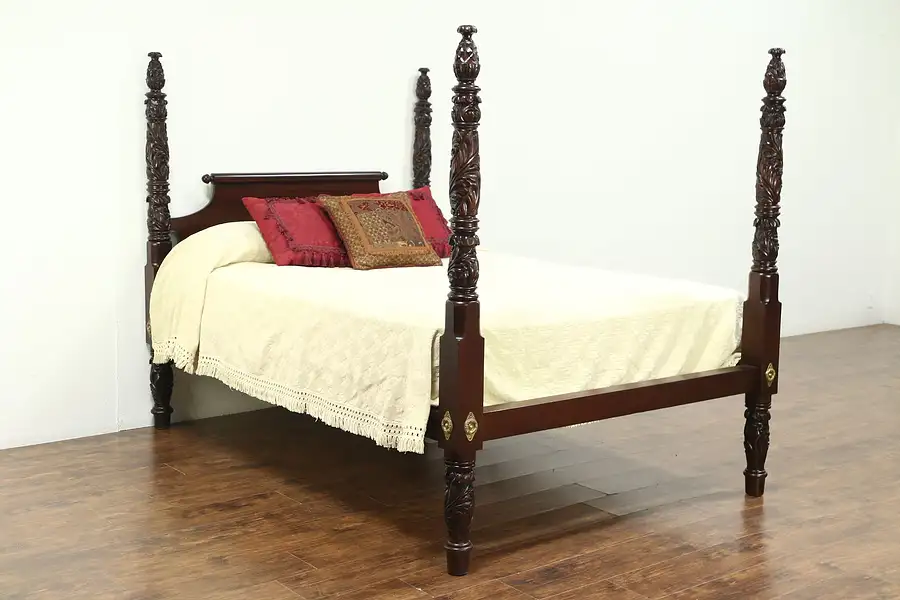 Main image of Empire 1900 Antique Queen Size Mahogany Poster Bed, Acanthus & Pineapple Carved