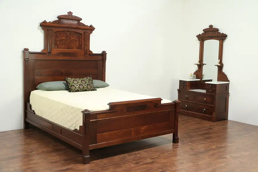Main image of Victorian Antique Walnut Bedroom Set, Queen Size Bed, Marble Top Chest