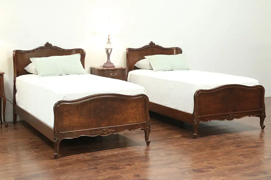 Main image of Pair of French Style Vintage Carved Walnut Twin or Single Beds, Mt. Airy