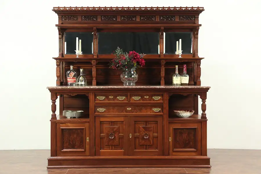 Main image of Victorian Eastlake 1883 Antique Walnut Sideboard Server, Marble, Mirrors