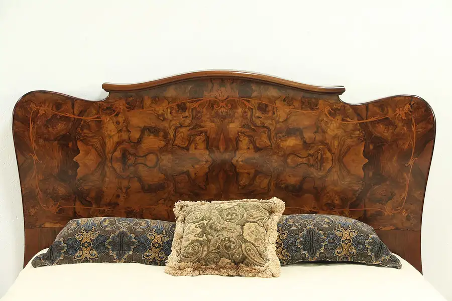 Main image of Walnut Marquetry Antique Bombe Bed Headboard, Italy