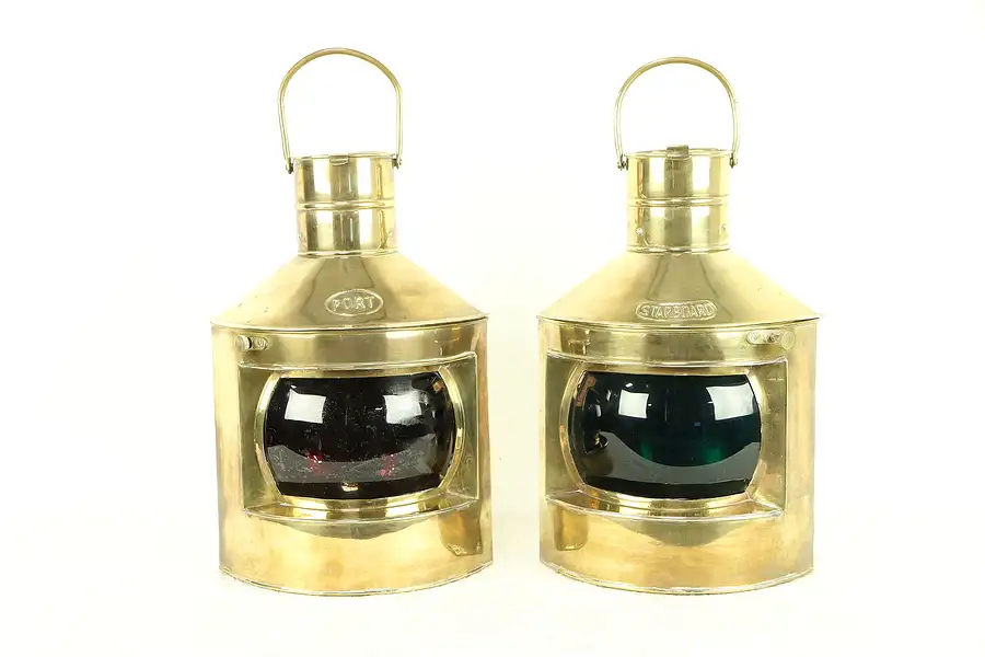Main image of Pair Vintage Brass Ship or Boat Lanterns Port & Starboard Stained Glass
