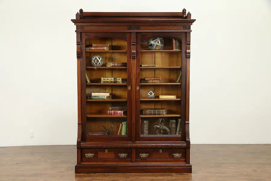 Main image of Victorian Eastlake Antique Cherry Bookcase, Matthews Milwaukee
