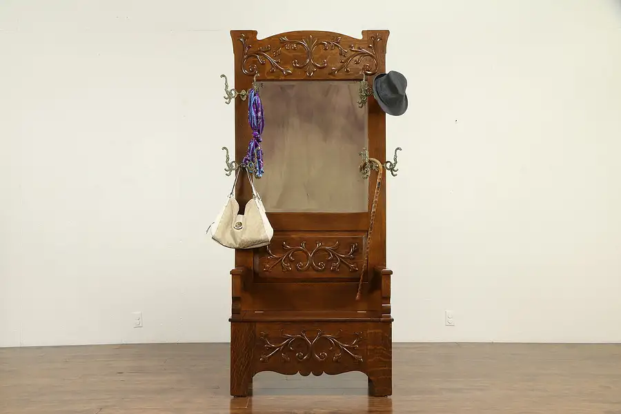 Main image of Victorian Oak Antique Hall Bench, Storage, Beveled Mirror, Coat Hooks,