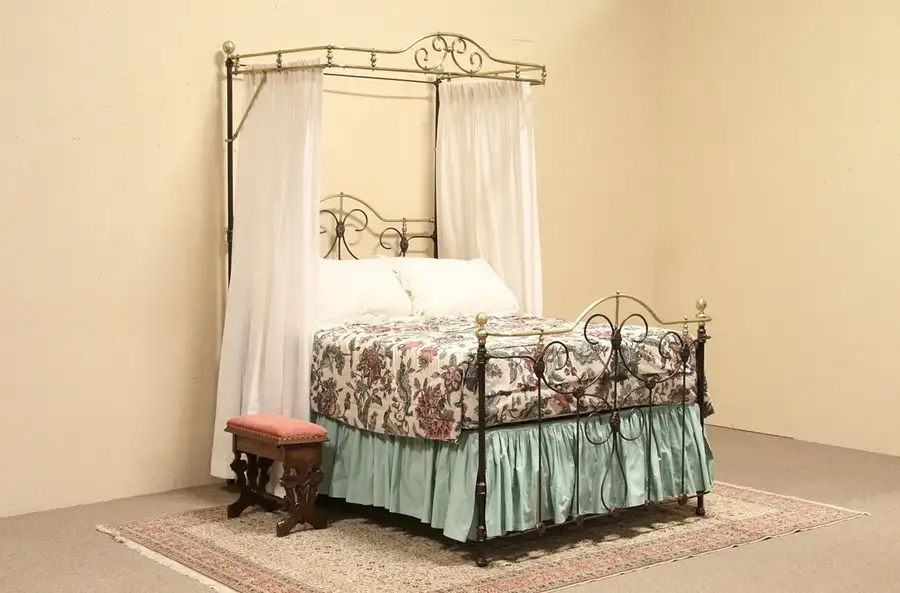 Main image of Victorian Half Tester Brass & Iron Antique 1890's Bed