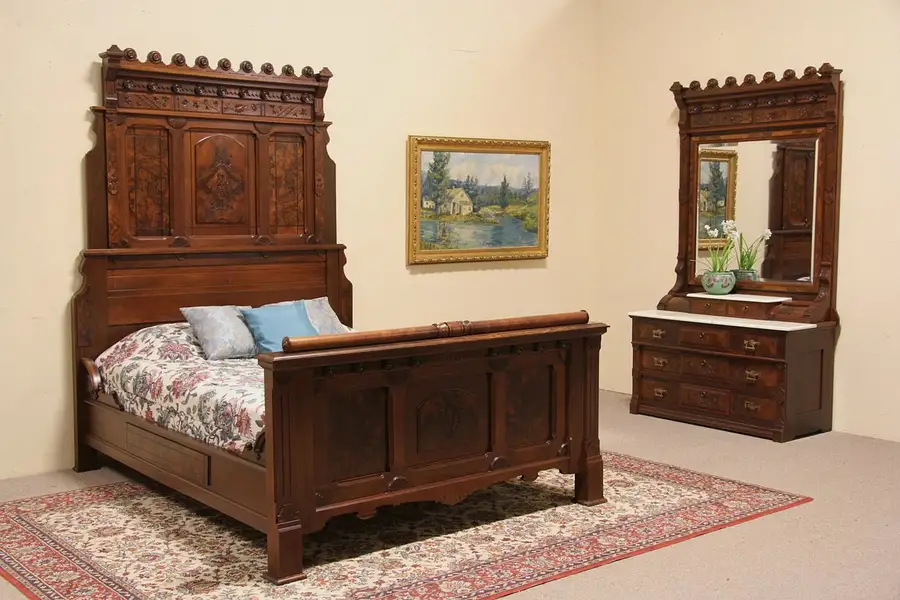 Main image of Victorian Eastlake Queen Size 1875 Bedroom Set, Bed & Marble Top Chest & Mirror