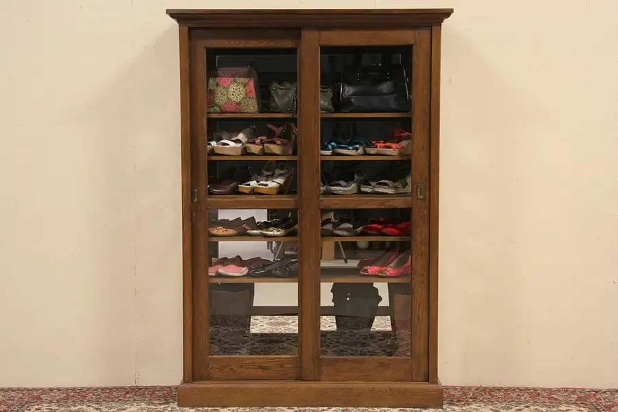 Main image of Oak 1900 Antique Sliding Glass Door Bookcase or Display Cabinet