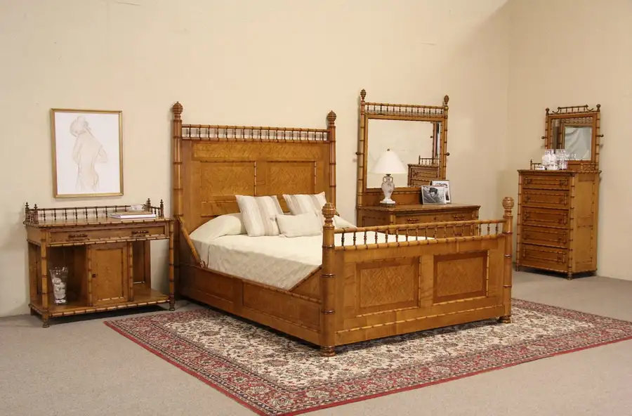 Main image of Curly Birdseye Maple Bamboo 4 Pc. Queen Size Antique 1870's Bedroom Set